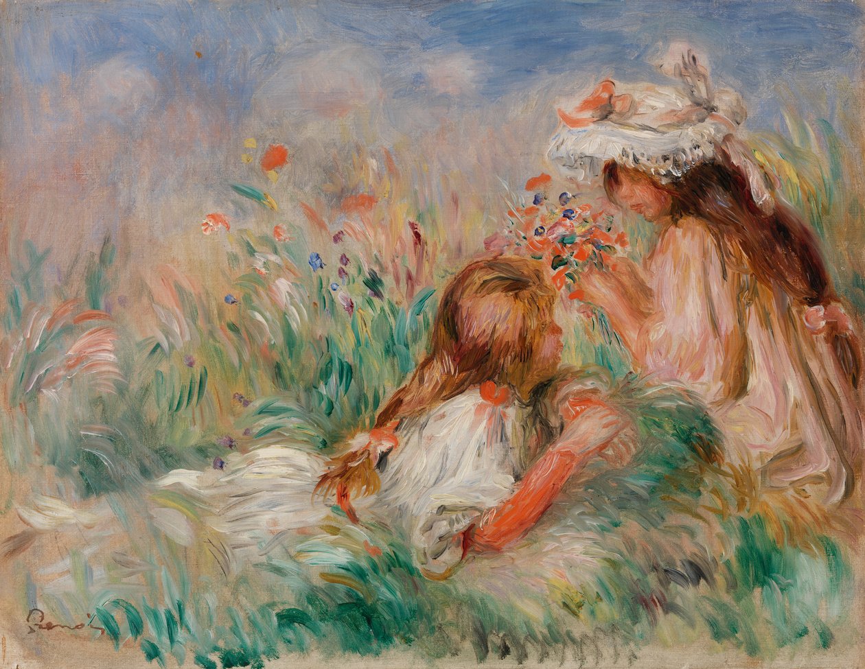 Mädchen im Gras arrangiert einen Blumenstrauß von Pierre Auguste Renoir