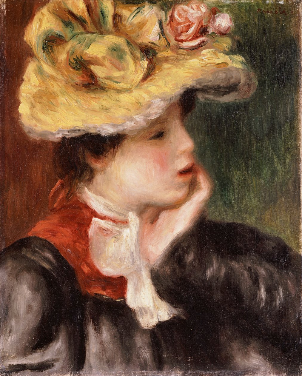 Kopf eines Mädchens mit gelbem Hut von Pierre Auguste Renoir