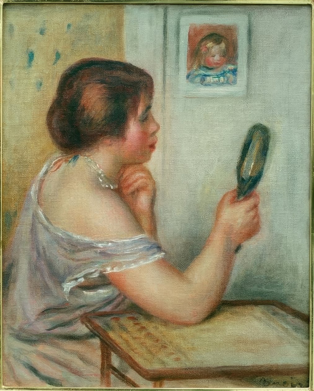 Marie Dupuis hält einen Spiegel mit einem Porträt von Coco von Pierre Auguste Renoir