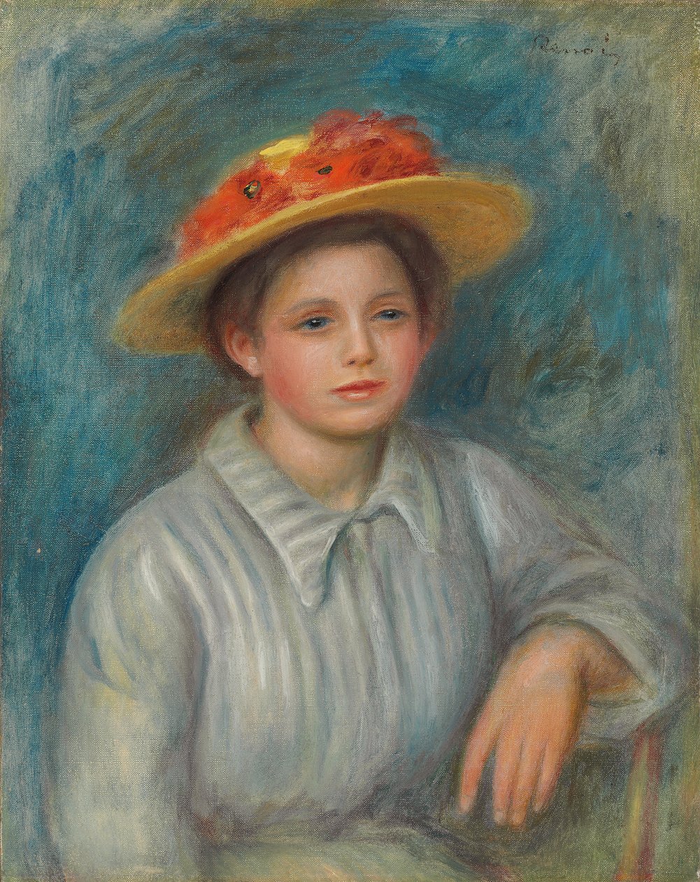 Porträt einer Frau mit einem Hut mit Blumen; Portrait de femme au chapeau fleuri, ca. 1890 von Pierre Auguste Renoir