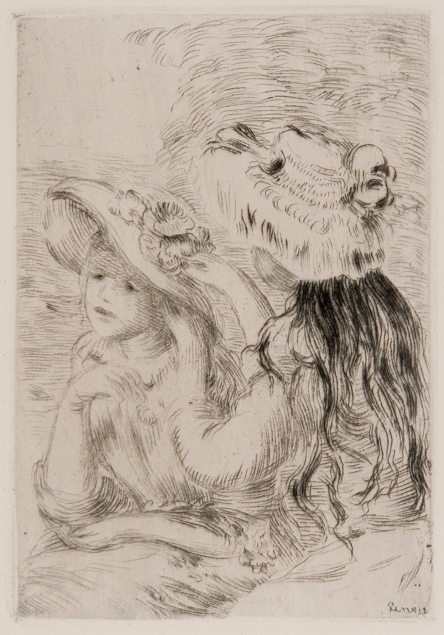 Zwei junge Mädchen, die Blumen auf ihre Hüte stecken, um 1894 von Pierre Auguste Renoir