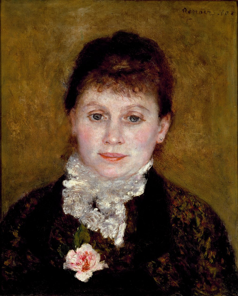 Frau mit weißem Kragen. Porträt einer Frau mit einer Rose von Pierre Auguste Renoir