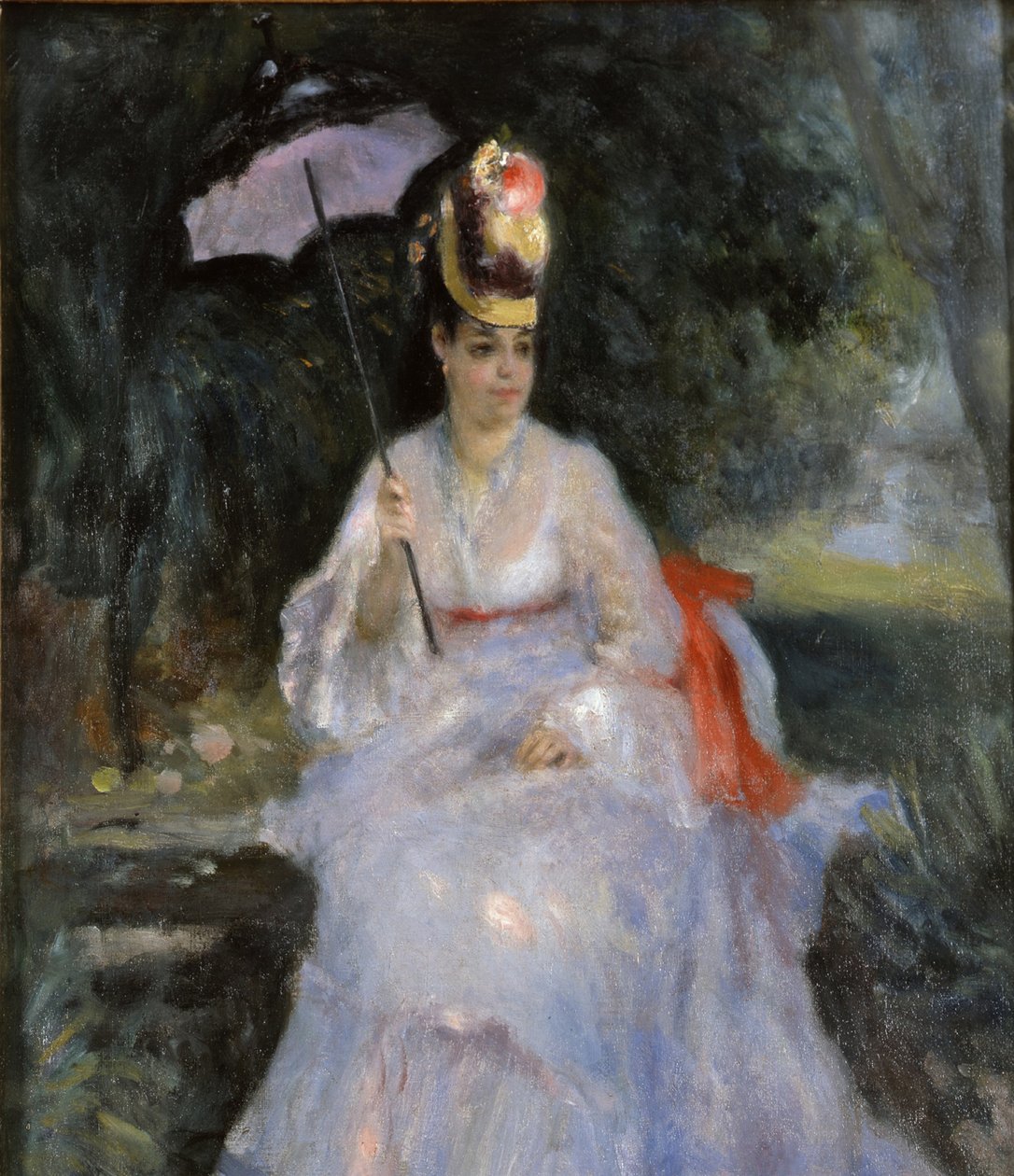 Frau mit Sonnenschirm im Garten sitzend, 1872 von Pierre Auguste Renoir