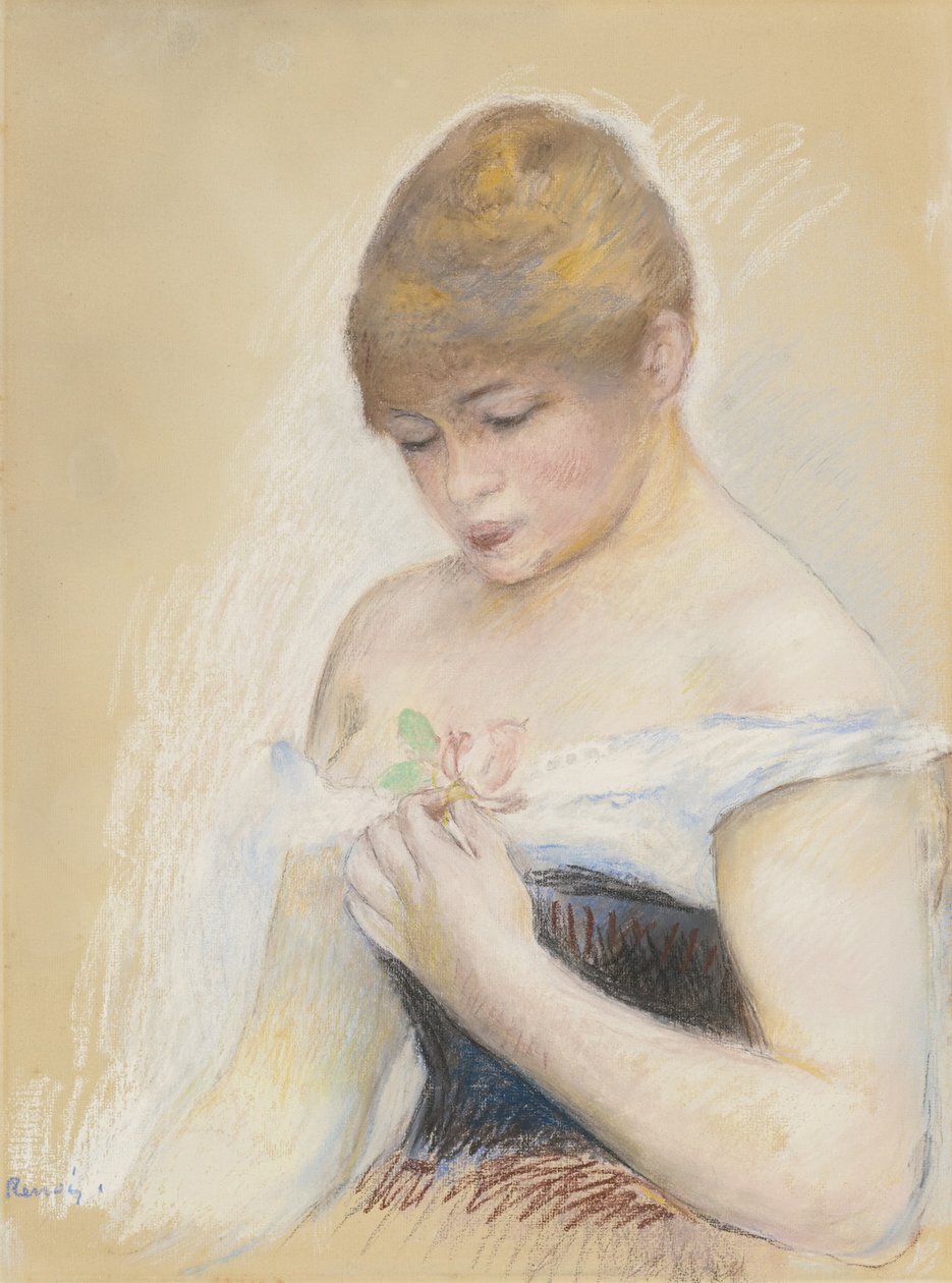 Junge Frau mit einer Blume. Porträt der Schauspielerin Jeanne Samary, um 1880 von Pierre Auguste Renoir