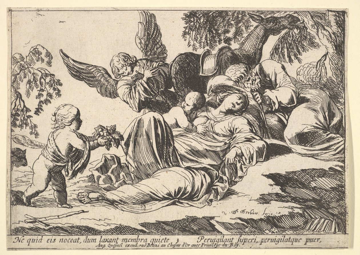 Engel geben der schlafenden Heiligen Familie Früchte von Pierre Brebiette