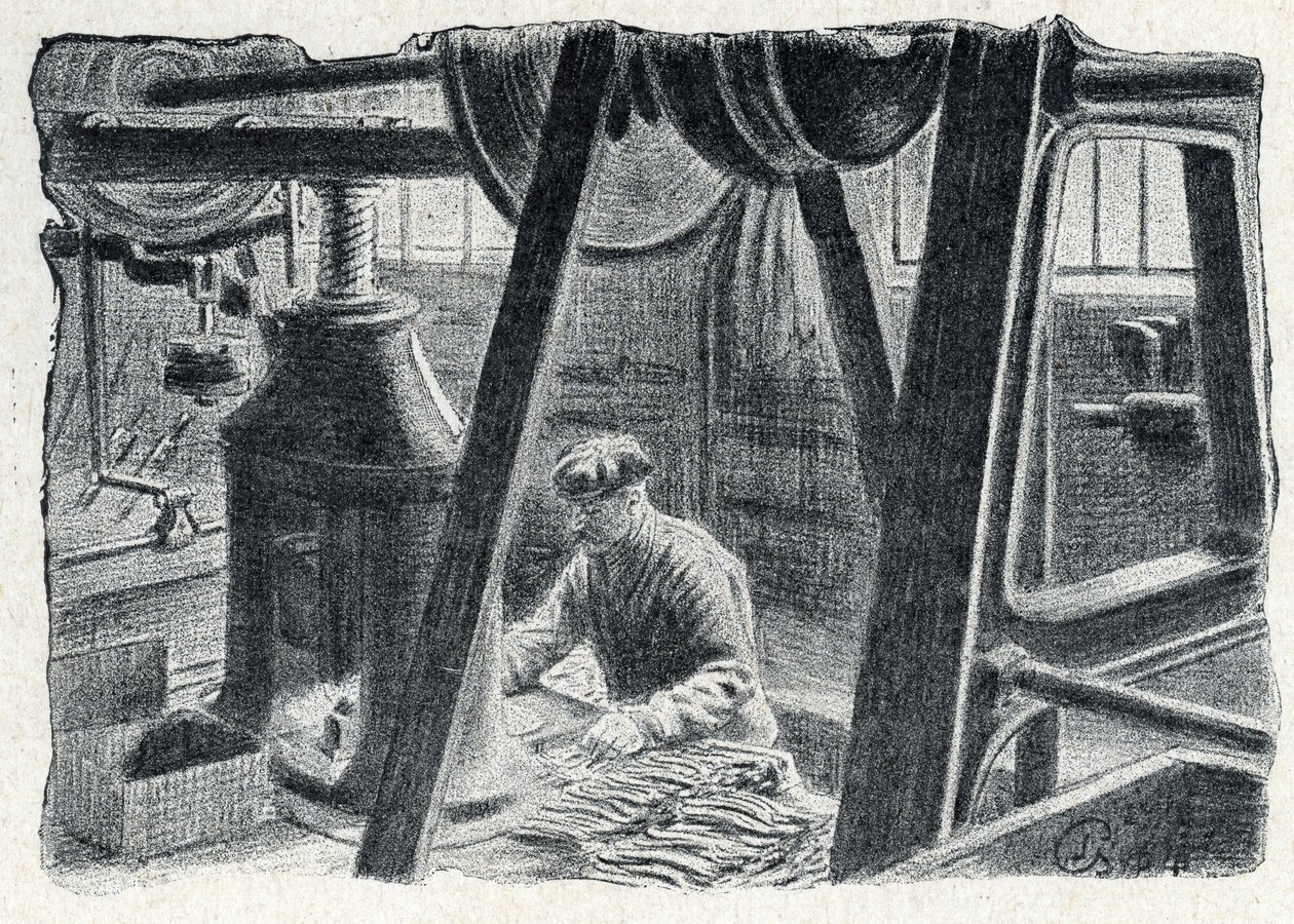 Besteckprägung mit einer Mühle, Gravur aus „Excursion à travers les métiers“ von Pierre Calmette, Privatsammlung von Pierre Calmettes