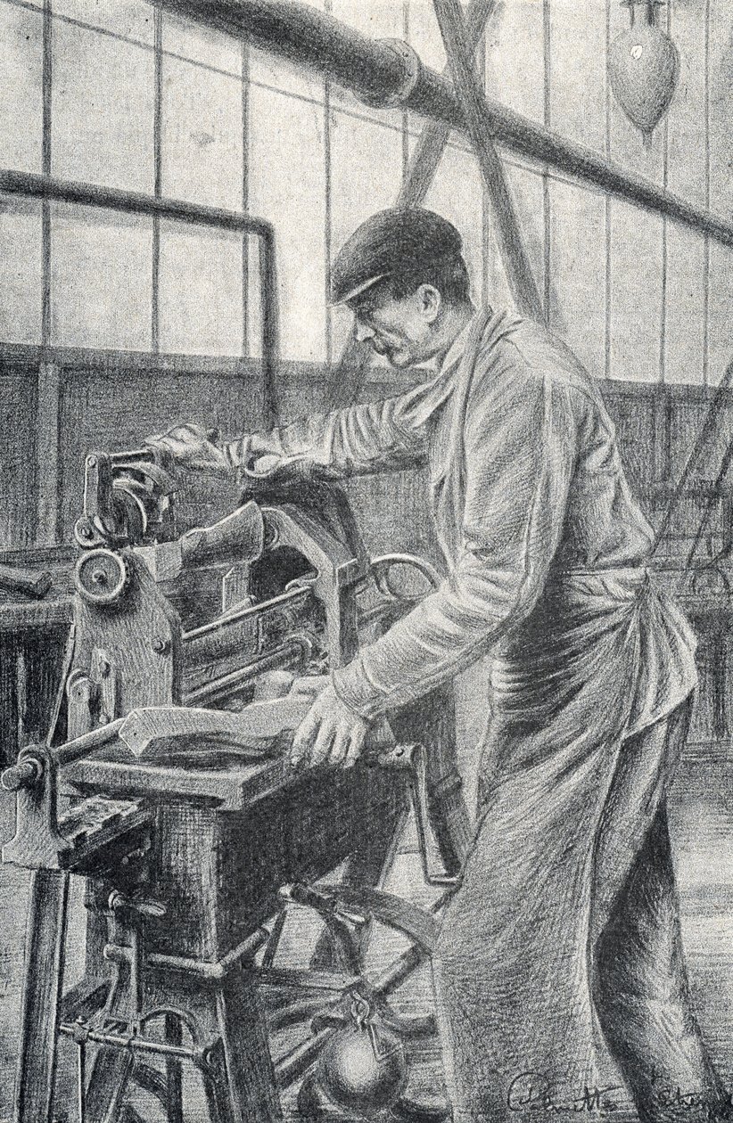 Schneiden von Gewehrkolben in einer Waffenfabrik, Gravur von Pierre Calmette, Privatsammlung von Pierre Calmettes