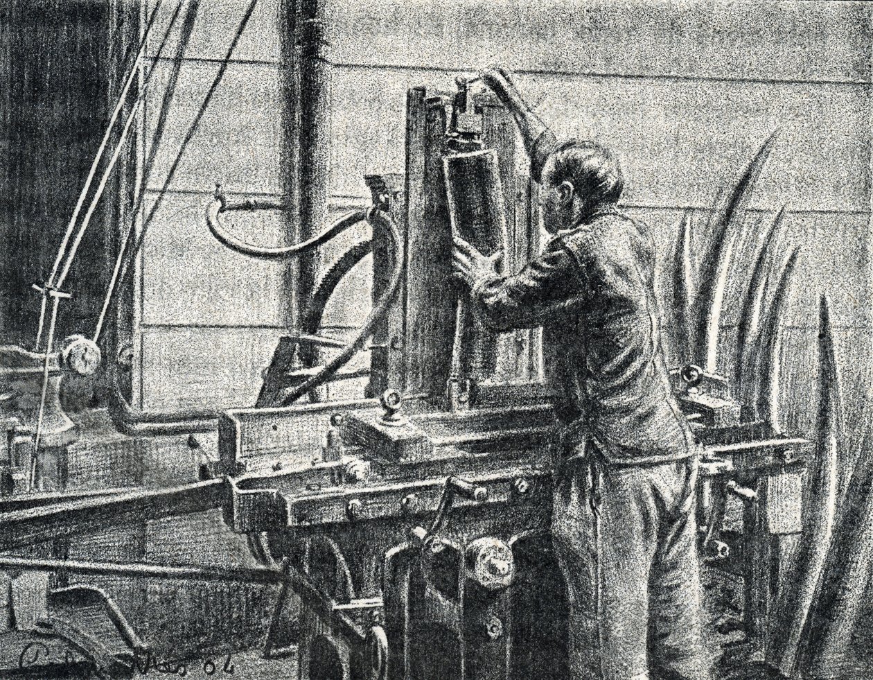 Elfenbeinschnitzer schneidet Elefantenstoßzähne, Gravur aus "Exkursion durch die Berufe" von Pierre Calmette, Privatsammlung von Pierre Calmettes