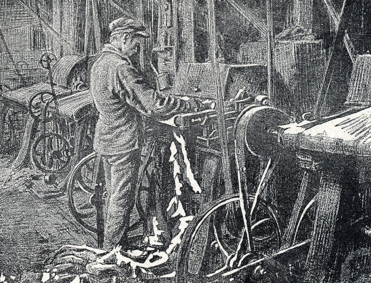 Lederindustrie: Mechanisches Mähen von Fellen, Gravur aus "Exkursion durch die Berufe" von Pierre Calmette, Privatsammlung von Pierre Calmettes