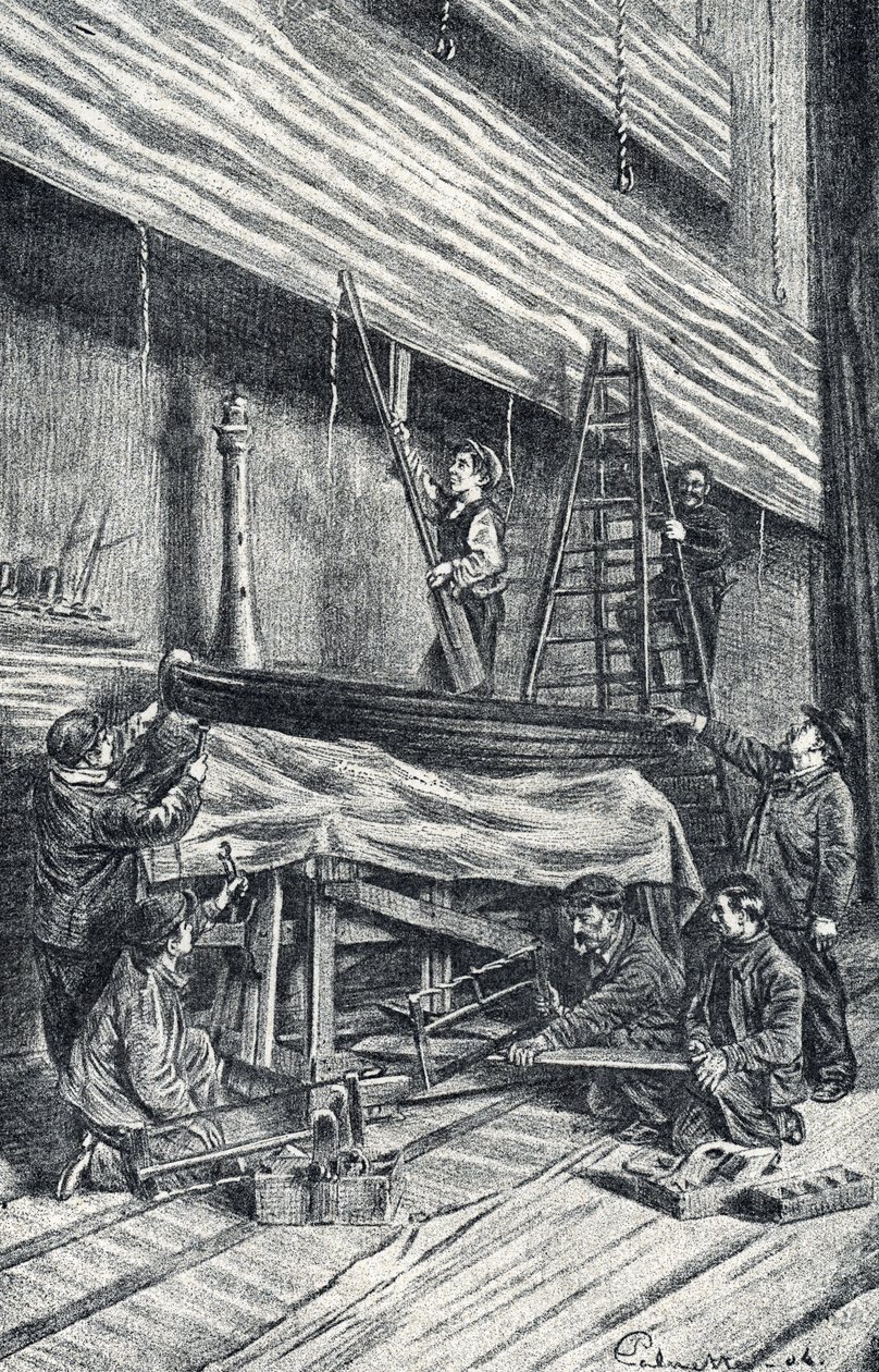 Requisiteure: Bühnenbilder vor der Aufführung aufstellen. Gravur aus „Excursion à travers les métiers“ von Pierre Calmette. Private Sammlung von Pierre Calmettes