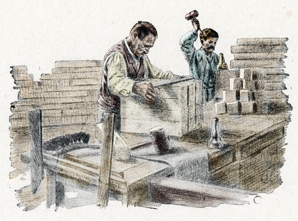 Savonnerie: das Schneiden der Seifenblöcke. Gravur aus „Excursion à travers les métiers“ von Pierre Calmette, Privatsammlung von Pierre Calmettes