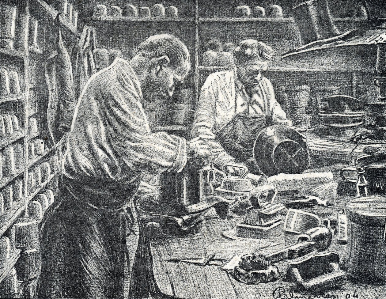 Seidenzylinder-Herstellung. Gravur von Pierre Calmette. Private Sammlung von Pierre Calmettes