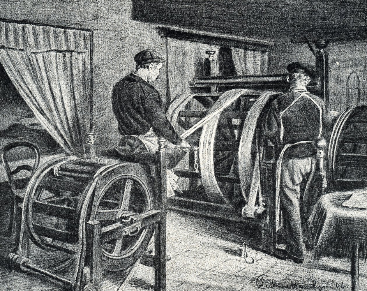 Seidenarbeit: das Abrollen der Seide (Gravur aus "Exkursion durch die Berufe" von Pierre Calmette) von Pierre Calmettes