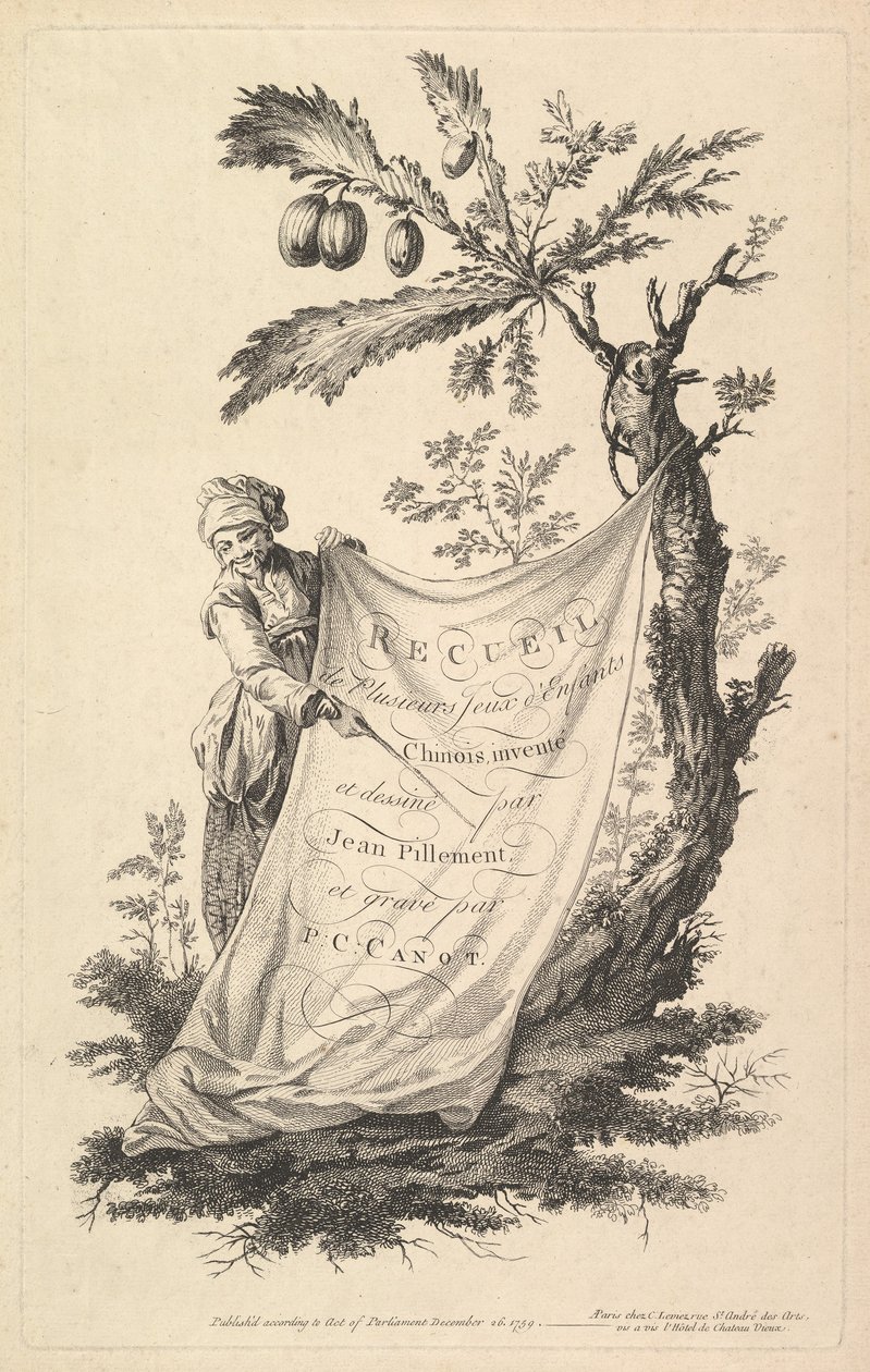 Titelseite: Ein lächelnder Mann hält eine Ecke eines an einen Feigenbaum gebundenen Tuchs und zeigt mit einem Finger, 1759 von Pierre Charles Canot