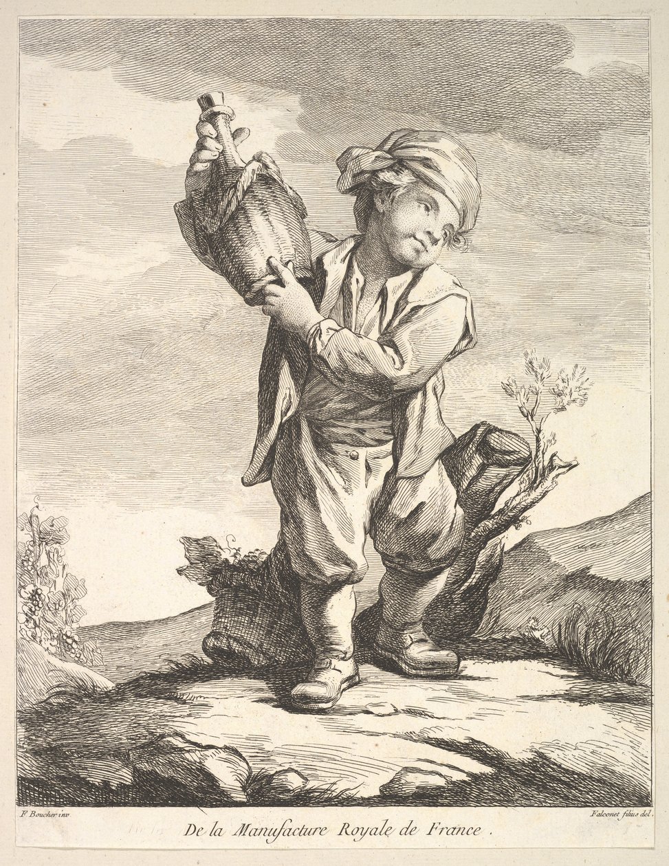 Kleiner Junge hält ein Gefäß, aus Premier Livre de Figures nach den Porzellanen der M..., 1757 von Pierre Etienne Falconet