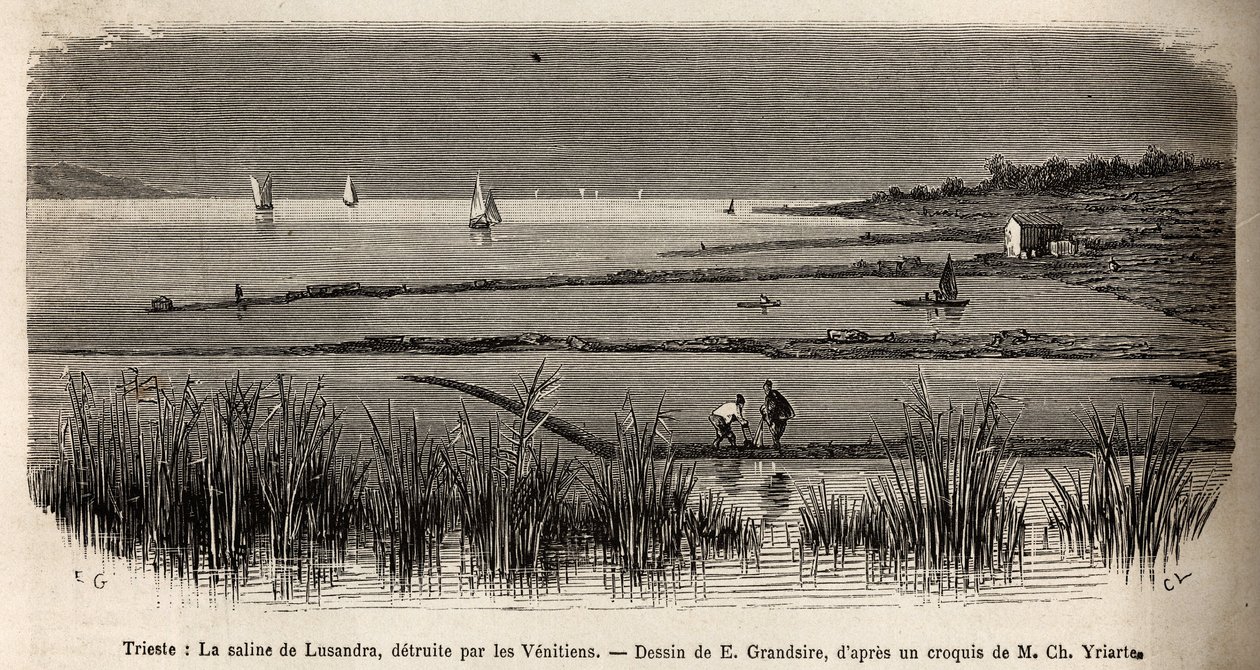 Die Saline von Lusandra, in der Nähe von Triest, zerstört von den Venezianern, die sie als gefährliche Konkurrenz zum Monopol betrachteten, das sie in der Adria ausübten, Gravur von E. Grandsire zur Illustration der Reise nach Istrien und Dalmatien 1874 vo von Pierre Eugene Grandsire