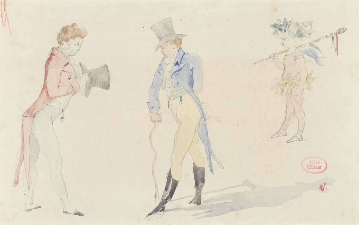 Leichtes Skizzenblatt mit zwei sich treffenden Dandys und einer Ballett-Amour von Pierre François Eugène Giraud