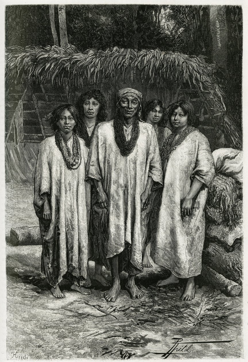 Häuptling Lacandon und Lacandon-Typen, Maya-Volk, das in den Dschungeln von Chiapas (Mexiko) lebt. Gravur von P. Fritel, zur Illustration der Geschichte „Reise nach Yucatan und das Land der Lacandons“, 1882, von Désiré Charnay (1828-1915), Archäologe und F von Pierre Fritel