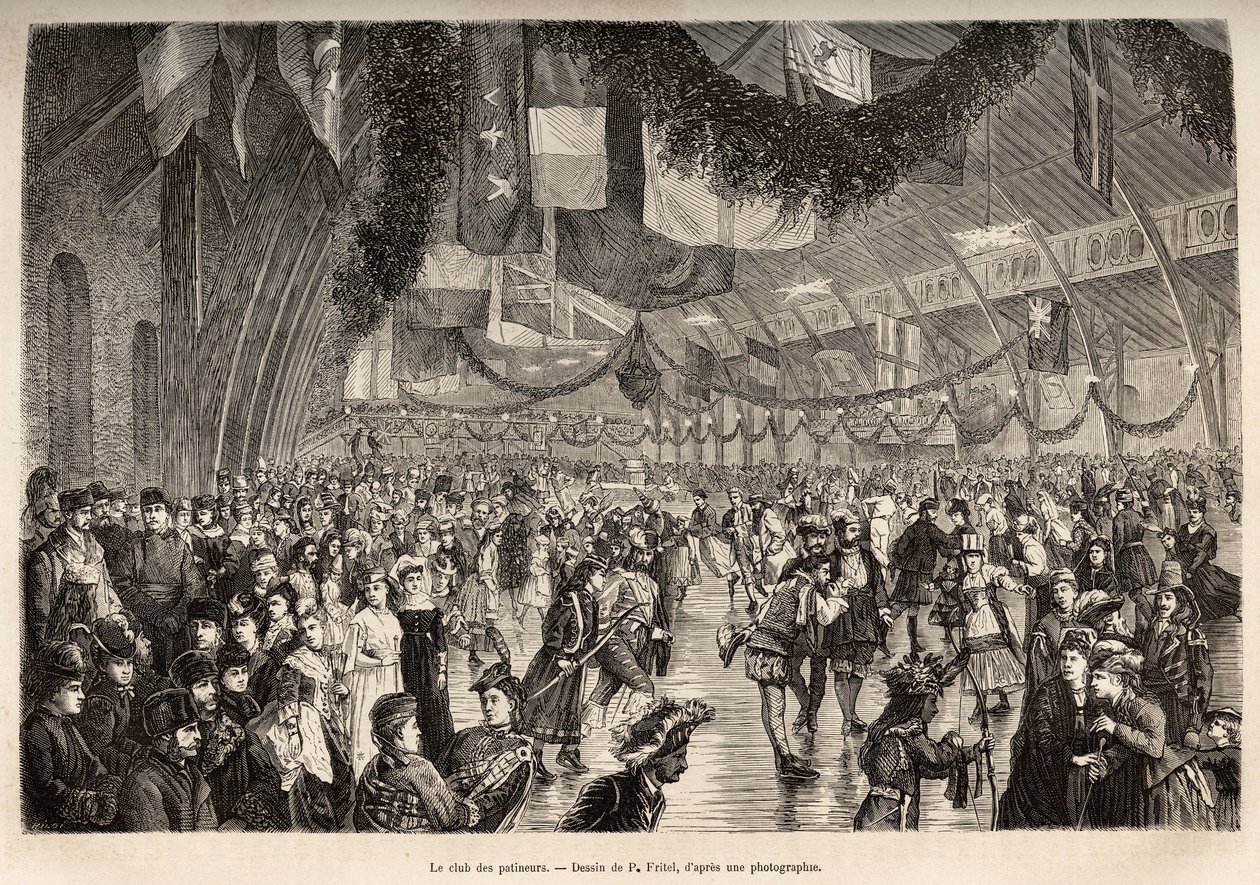 Der Montrealer Schlittschuhläuferclub, bei einem Treffen für einen Kostümschlittschuhabend, graviert nach einer Zeichnung von P. Fritel, zur Illustration des Ausflugs nach Kanada und der Riviere Rouge du nord, von H. De Lamotte, 1873, veröffentlicht in „Le von Pierre Fritel