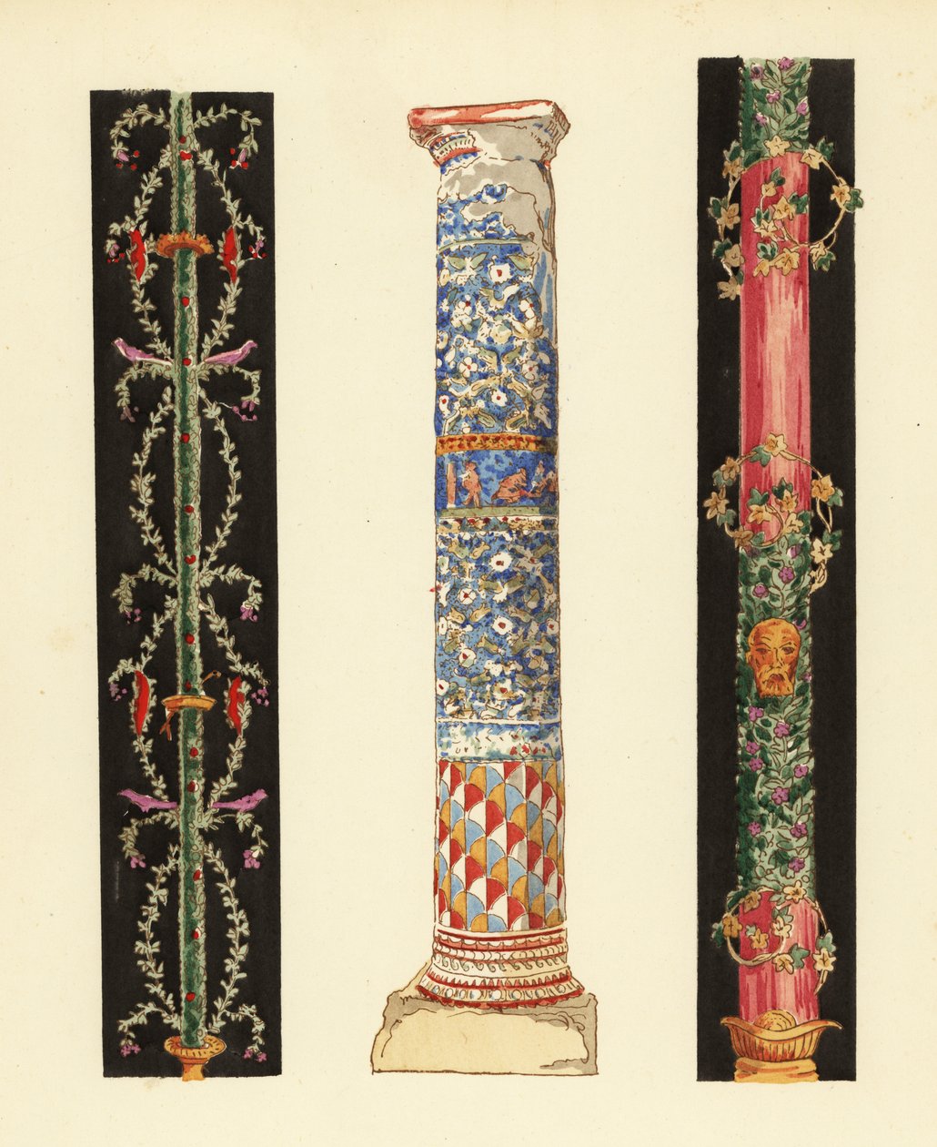 Dekorative Kandelaber im vierten pompejanischen Stil und Säule aus Emailmosaik, Pompeji von Pierre Gusman