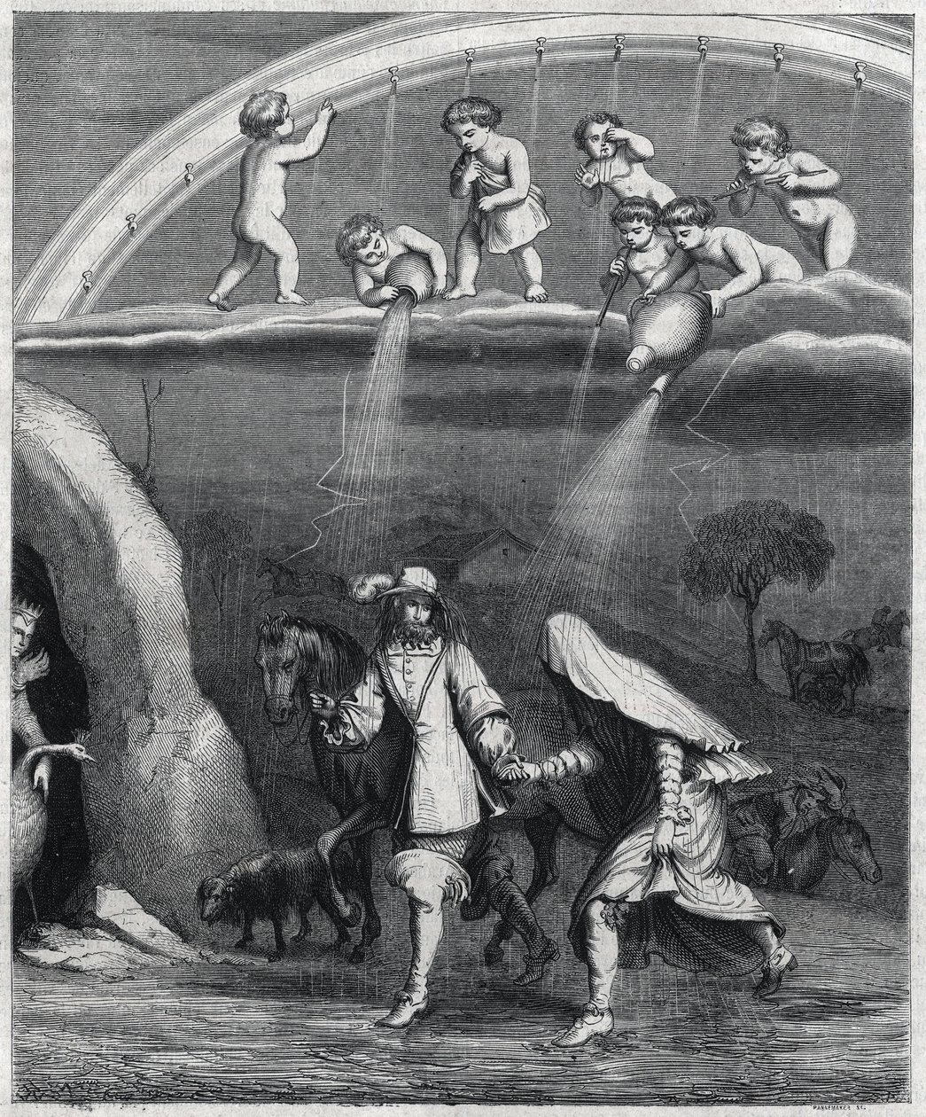 Enee und Didon vom Regen im Wald überrascht. Illustration aus „Virgil travesti“ von Paul Scarron (1610-1660), eine Parodie der „Aeneis“. Gravur von Staal. von Pierre Gustave Eugene Staal