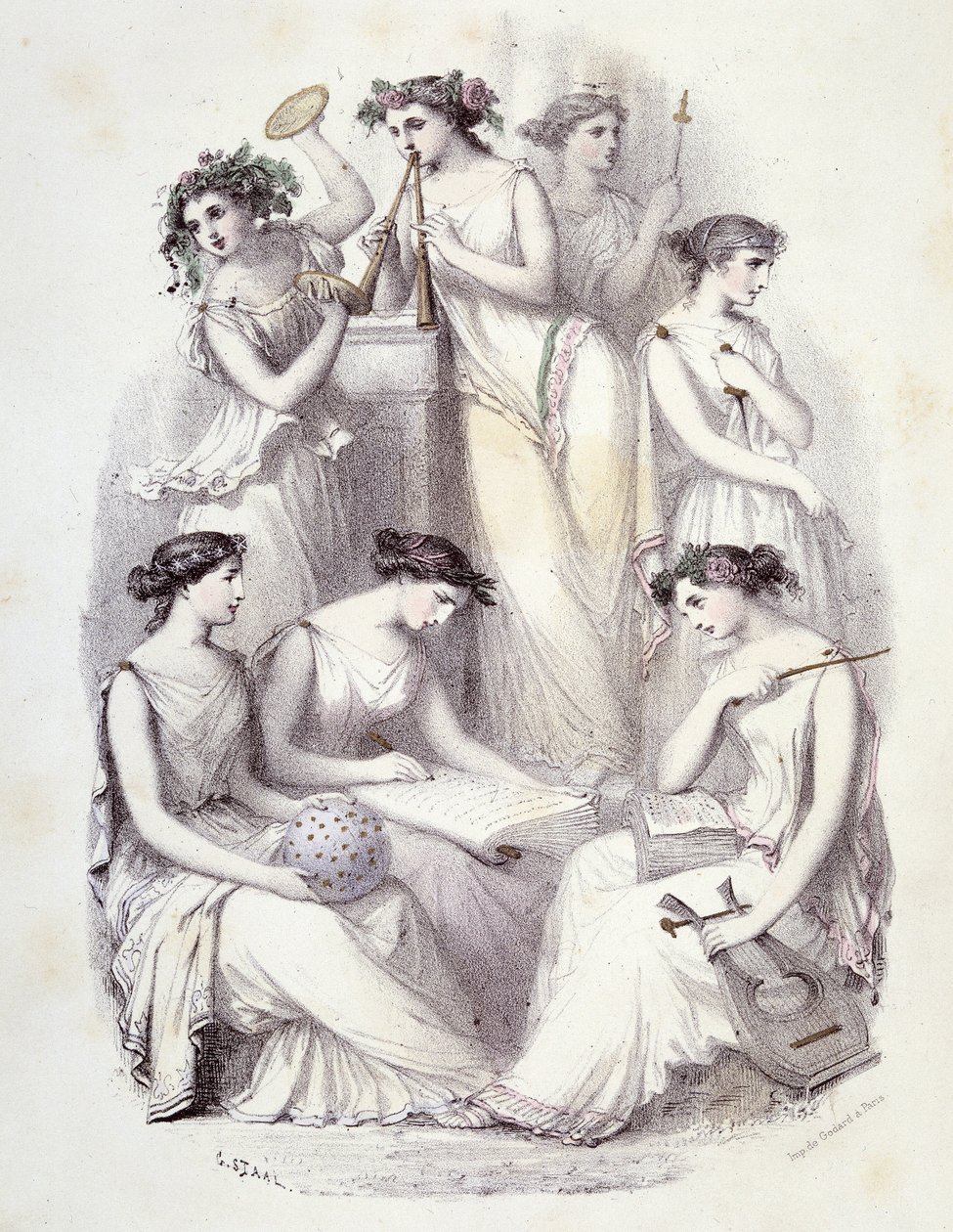 Genies des Olymp - in „Les Femmes mythologiques“, Zeichnungen von G. Staal, von Mery und dem Grafen Foelix, Ed. G. de Gouet von Pierre Gustave Eugene Staal