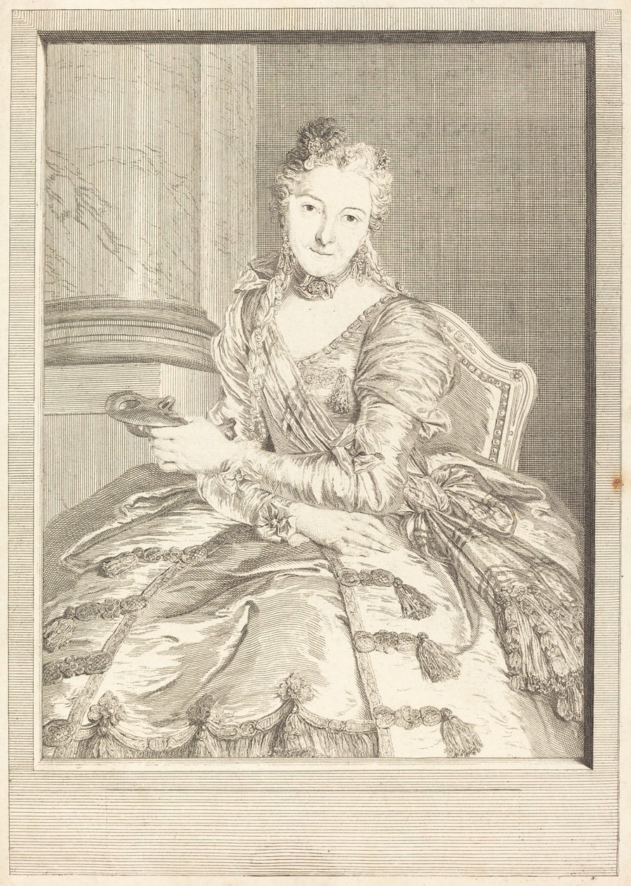 Mme. de M ... im Ballkleid von Pierre Louis de Surugue after Charles Antoine Coypel
