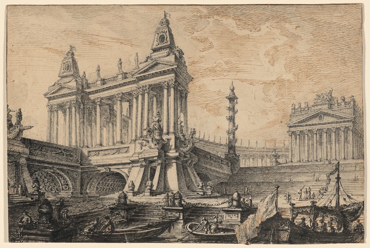 Architektonische Fantasie eines prächtigen antiken Hafens von Pierre Moreau
