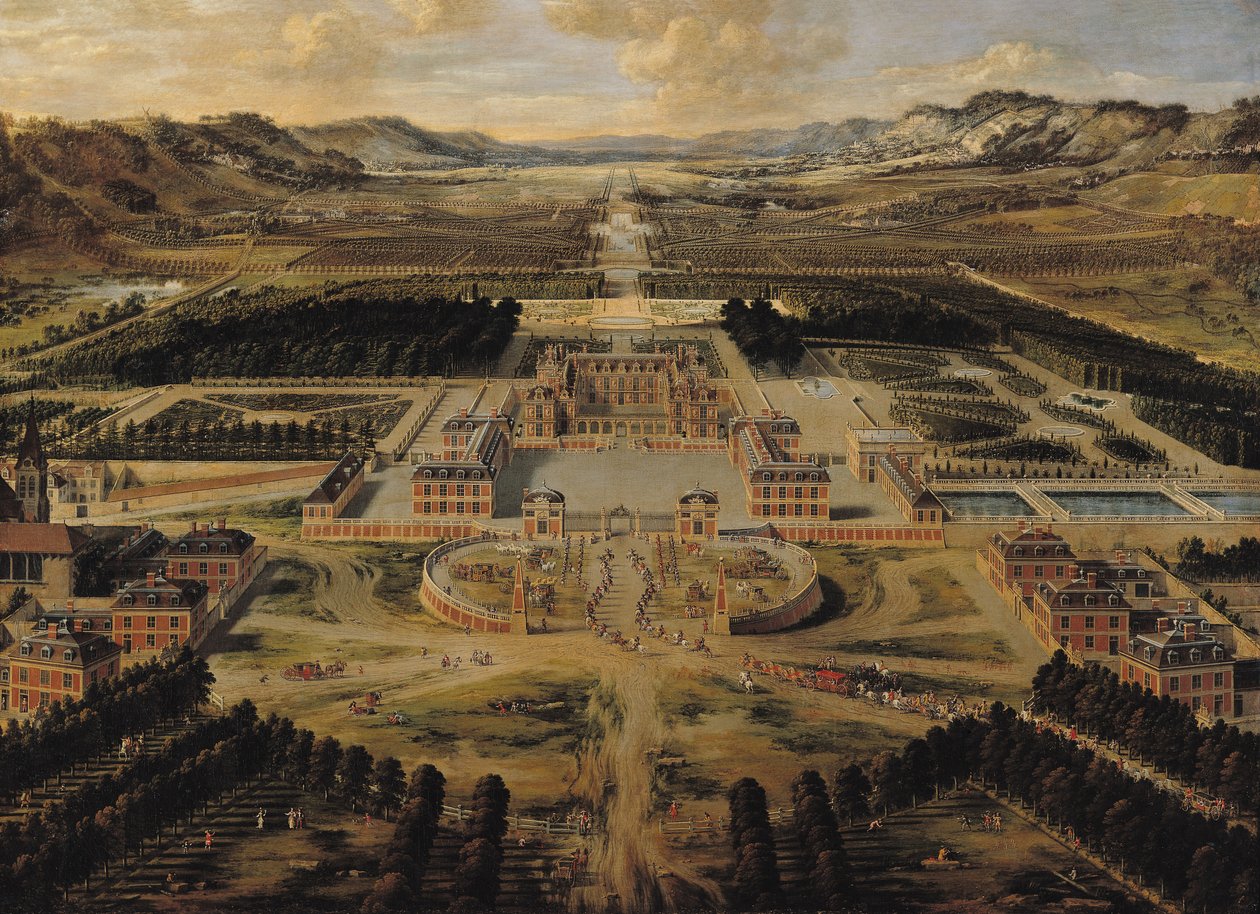 Perspektivische Ansicht des Schlosses, der Gärten und des Parks von Versailles, gesehen von der Avenue de Paris von Pierre Patel