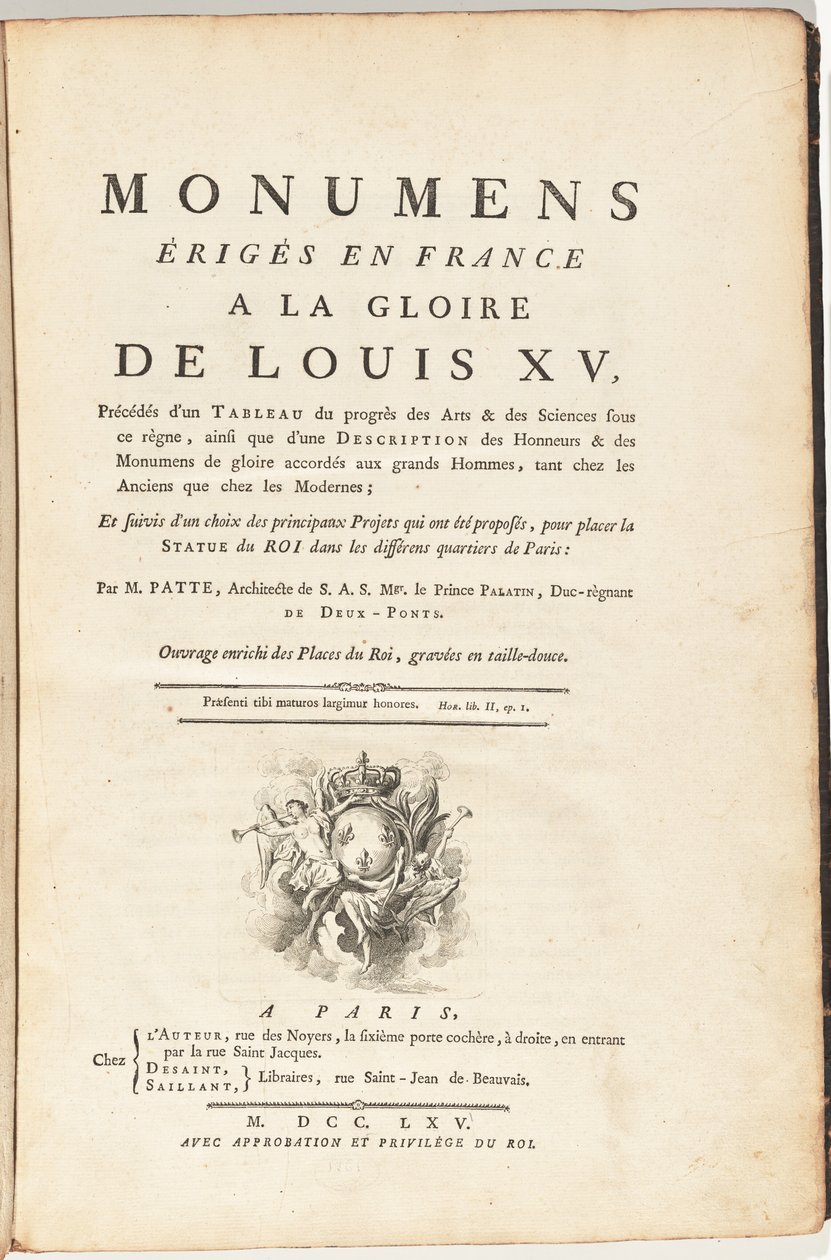Denkmäler in Frankreich zu Ehren von Ludwig XV., vorangestellt von einem Bild des Fortschritts der Künste und Wissenschaften unter seiner Herrschaft,...Werk bereichert mit den Plätzen des Königs, in Kupferstich graviert von Pierre Patte