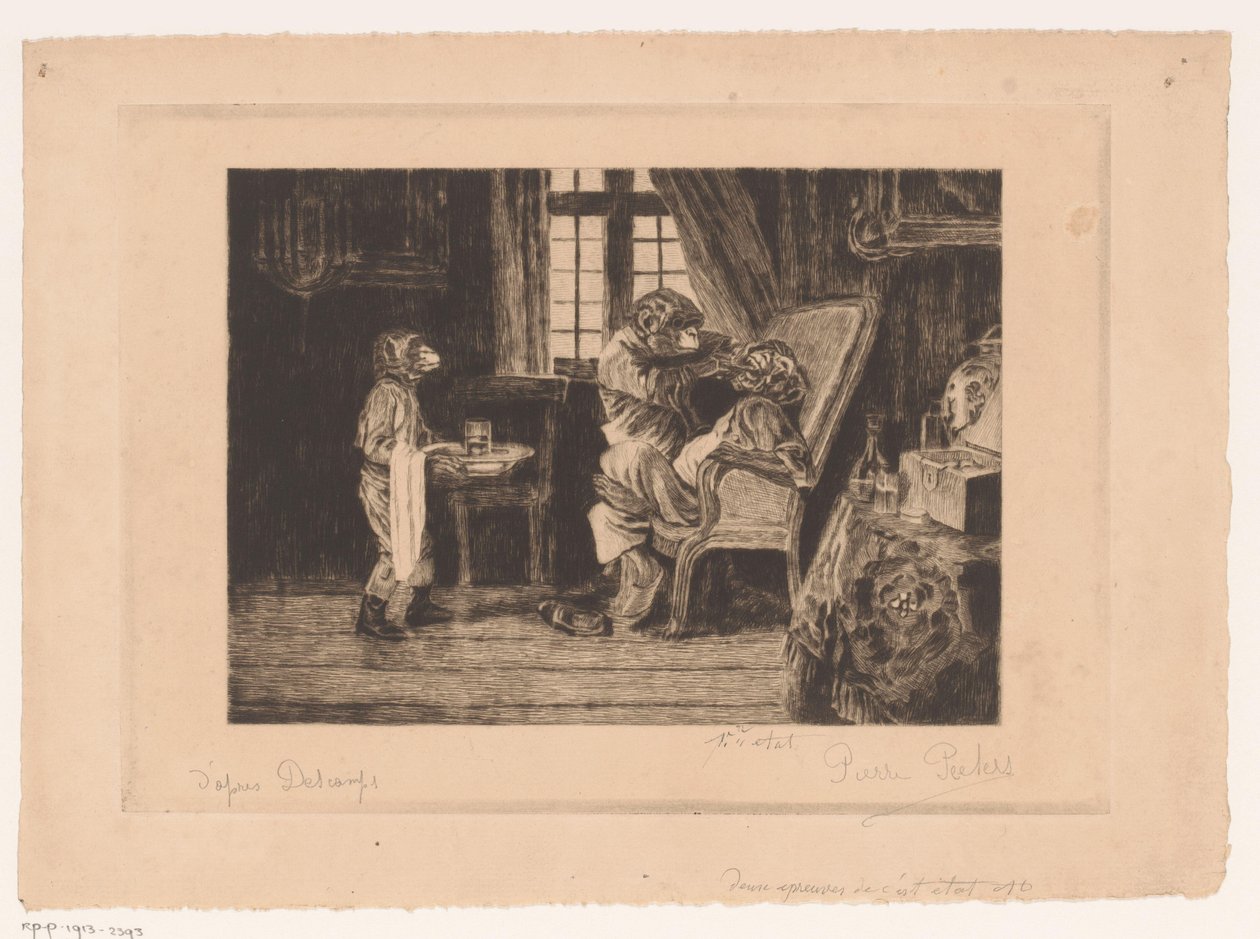 Satirische Darstellung von Affen als Zahnarzt, Assistent und Patient von Pierre Peeters (signed by artist)