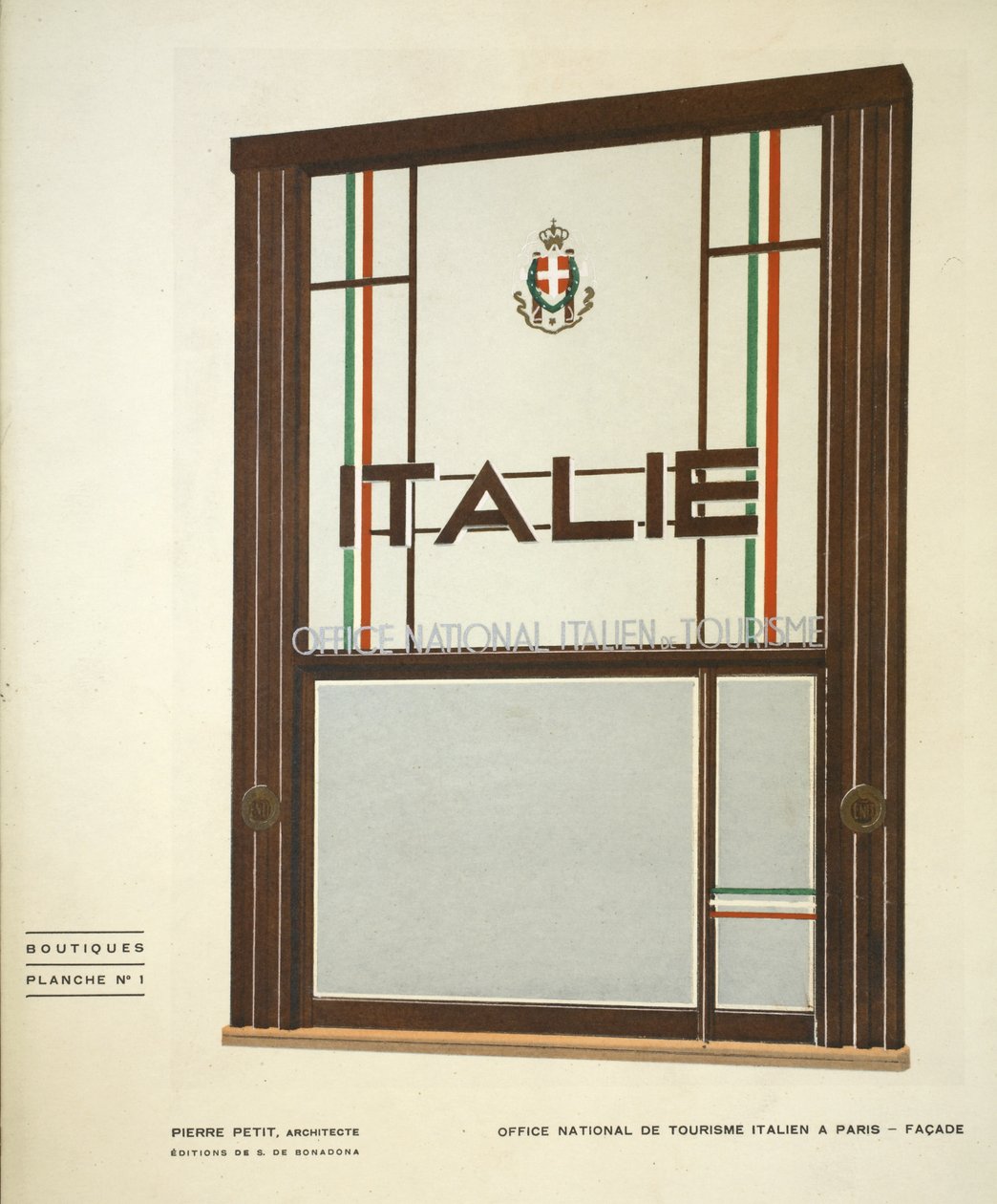 Office National de Tourisme Italien in Paris, Pierre Petit, Boutiquen, Henry Delacroix, Editions S De Bonadona, Paris, späte 1920er, Pochoir-Druck von Pierre Petit