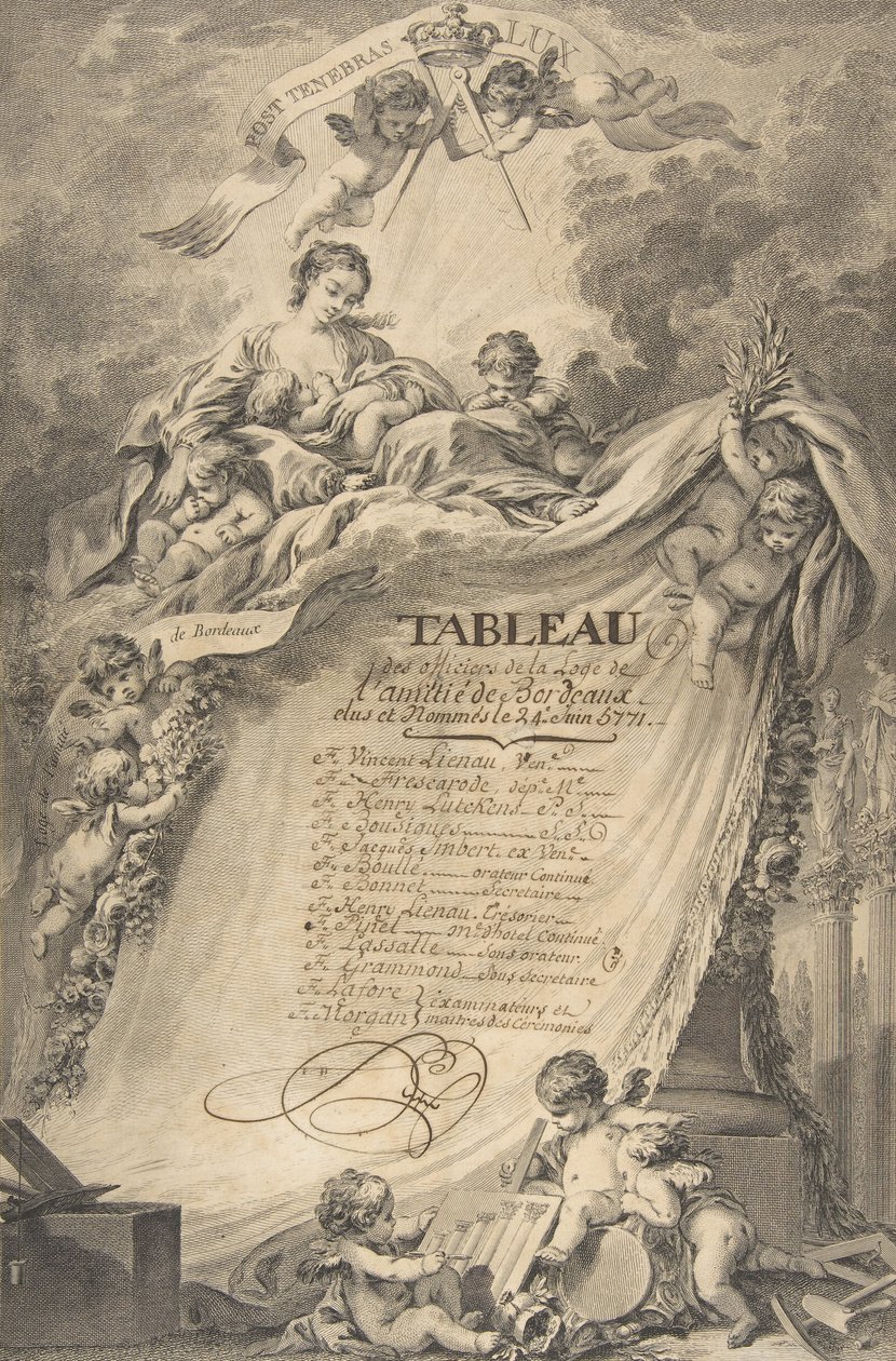 Diplom für die Freimaurer von Bordeaux, nach François Boucher, 1766 von Pierre Philippe Choffard