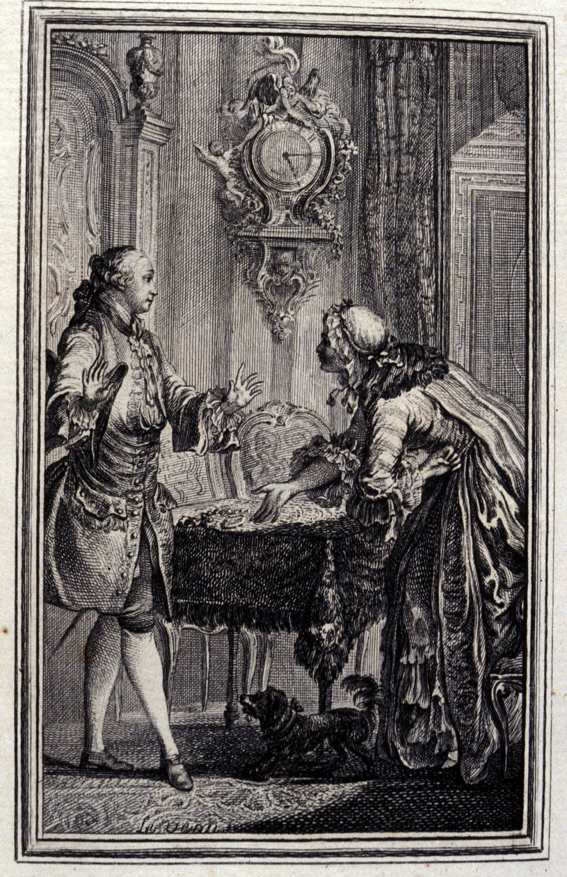 Le Gascon bestraft - in „Tales et nouvelles en vers“ von Jean La Fontaine. 1776. Illustration von P.P. Choffard von Pierre Philippe Choffard