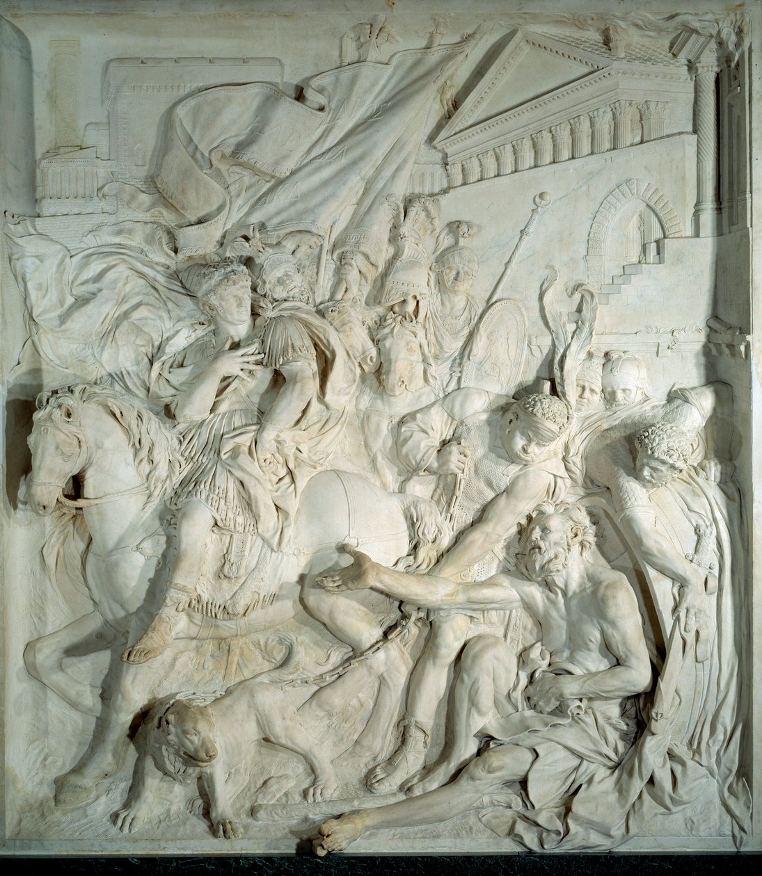 Alexander der Große trifft den griechischen Philosophen Diogenes den Zyniker in seinem Fass. Basrelief aus Marmor von Pierre Puget (1620-1694) 1693. Aus dem Salle des cent Suisse (Louvre). Paris, Louvre Museum von Pierre Puget