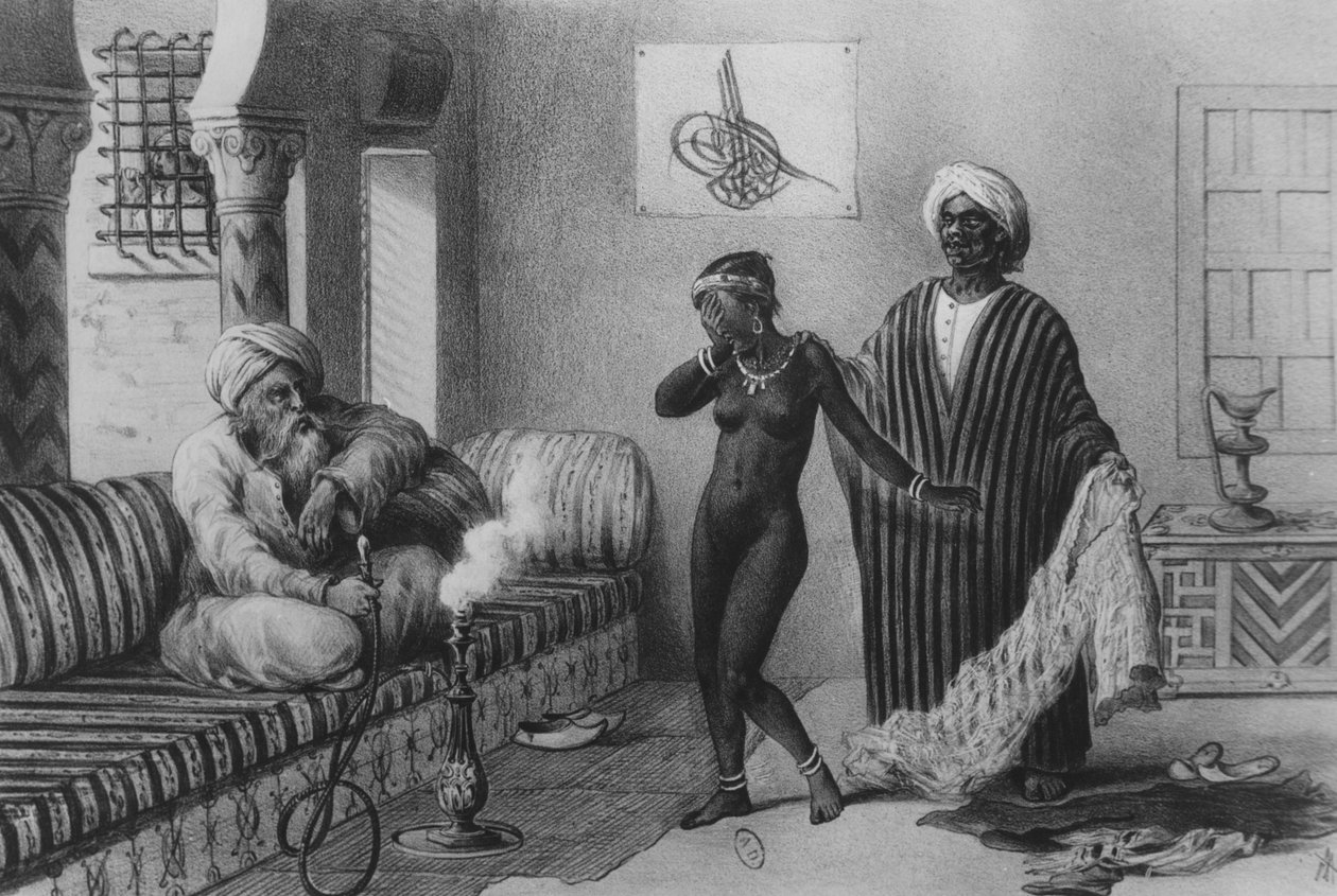Ein junges Mädchen aus Timbuktu wird 1854 von einem Sklavenmeister in Tripolis angeboten, aus "Voyages au Soudan et dans L
