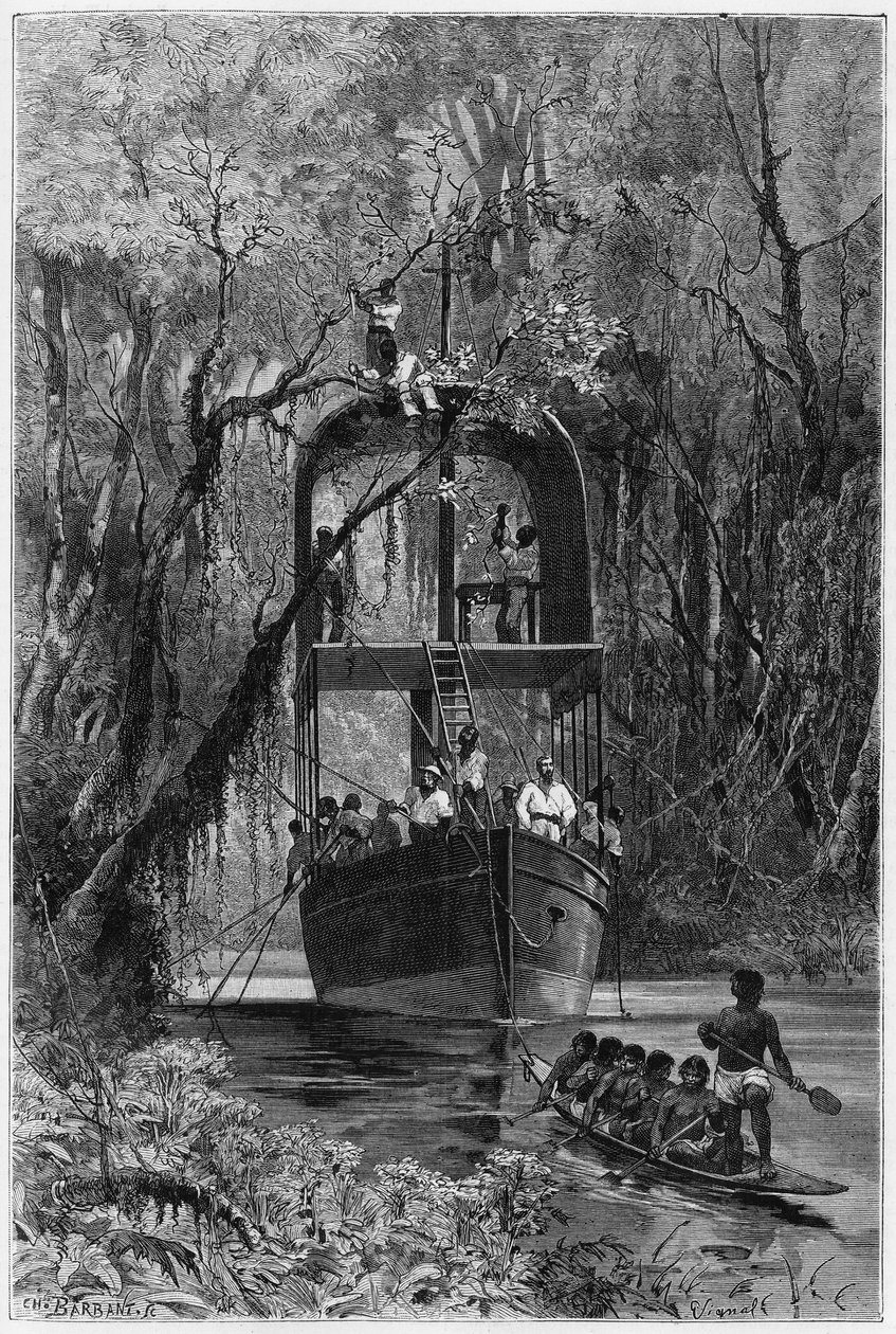 Ein Floßboot, ausgeliehen vom Entdecker, um den oberen Samiria (Peru) hinunterzufahren. Gravur von Vignal zur Illustration der Geschichte Amazon und Cordilleres von Pierre Vignal