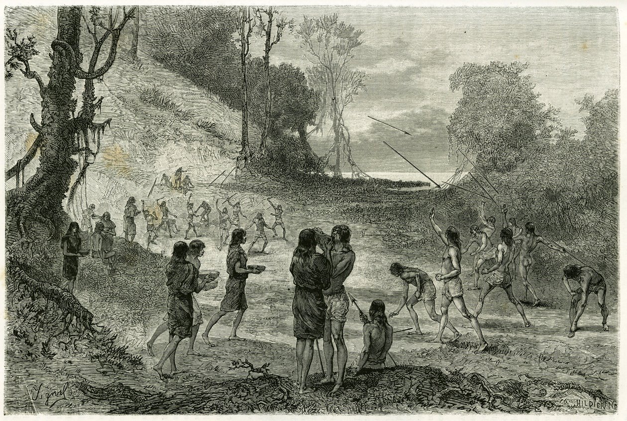 Speerwurfspiele zwischen 2 Stämmen der Zaparros, Männer üben und Frauen reiten ohne Angst um die Spieler herum und servieren ihnen Getränke. Gravur von Vignal, zur Illustration der Geschichte „Amazonas und Kordilleren“ von Pierre Vignal
