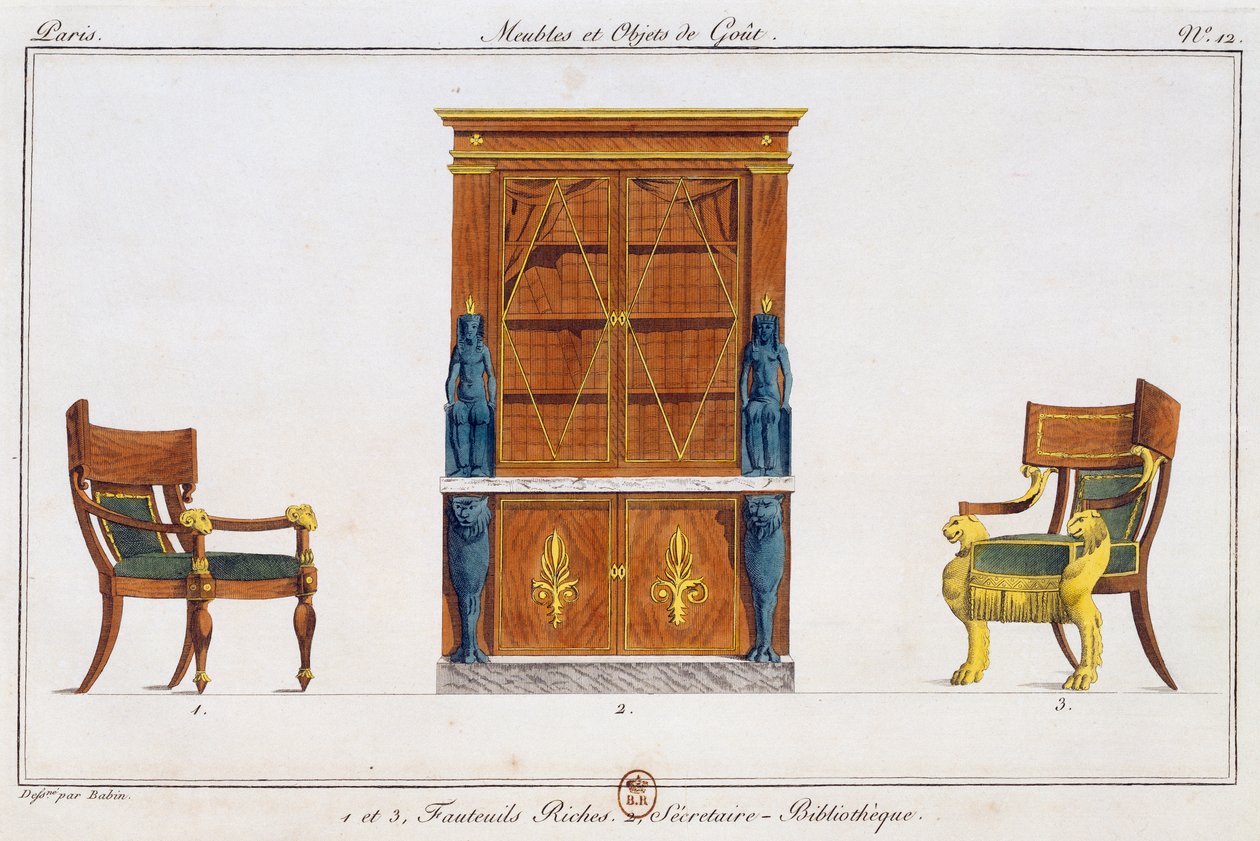 Sessel und Bibliotheksschreibtisch, Tafel 12, Illustration aus Collection de meubles et objects de gout (Sammlung von Möbeln und Geschmackgegenständen) von Pierre de La Mesangere