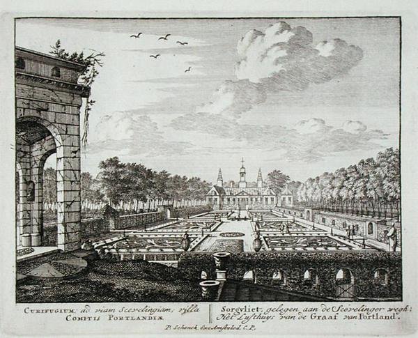 Das Haus und der Garten in Sorgvliet, Sitz von Hans Willem Bentinck (1649-1709), 1. Earl of Portland, aus Admirandorum Quadruplex Spectaculum, von Jan van Call (1656-1703), veröffentlicht vor 1715 von Pieter Schenk