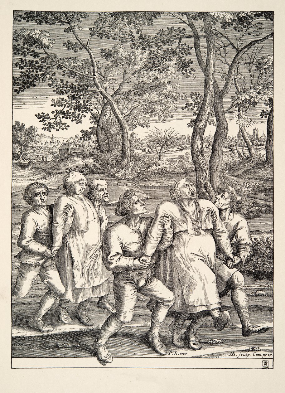 Zwei Gruppen von Bauern folgen der Pilgerfahrt der Epilepsie, um 1642 von Pieter Bruegel the Elder