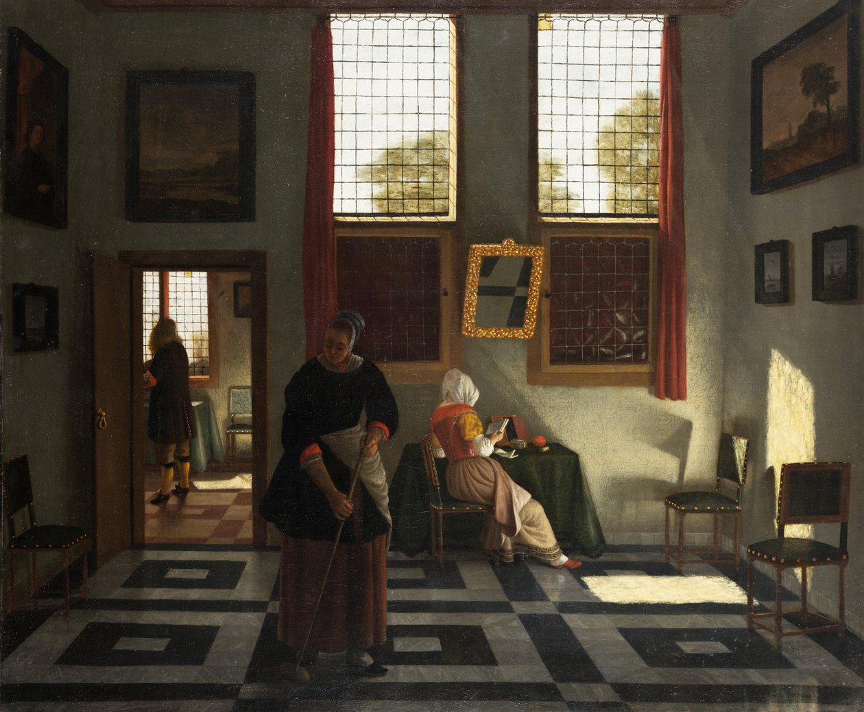 Innenraum mit Maler, lesender Frau und kehrender Magd, ca. 1665-70 von Pieter (1623 82) Janssens