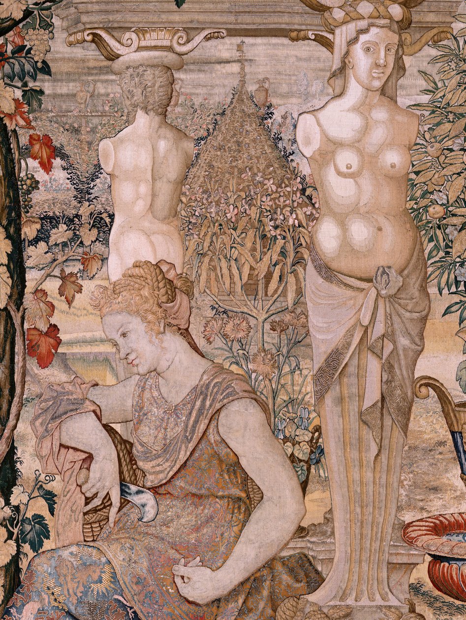 Flämischer Wandteppich. Serie Vertumnus und Pomona. Vertumnus verwandelt in eine alte Frau. Sechster Wandteppich der Serie. Modell Kreis von Pieter Coecke van Aelst. Herstellung Wilhelm Pannemaker, Brüssel. Ca. 1545-1550. von Pieter (circle of) Coecke van Aelst