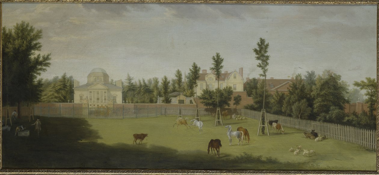 Blick auf die neue Villa, das alte Haus und die Stallungen von der anderen Seite der Burlington Lane, Chiswick Villa von Pieter Andreas Rysbrack