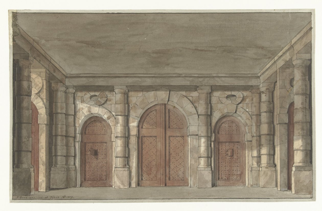 Entwurf für ein Bühnenbild eines Vorraums eines Gefängnisses (?) von Pieter Barbiers (I)