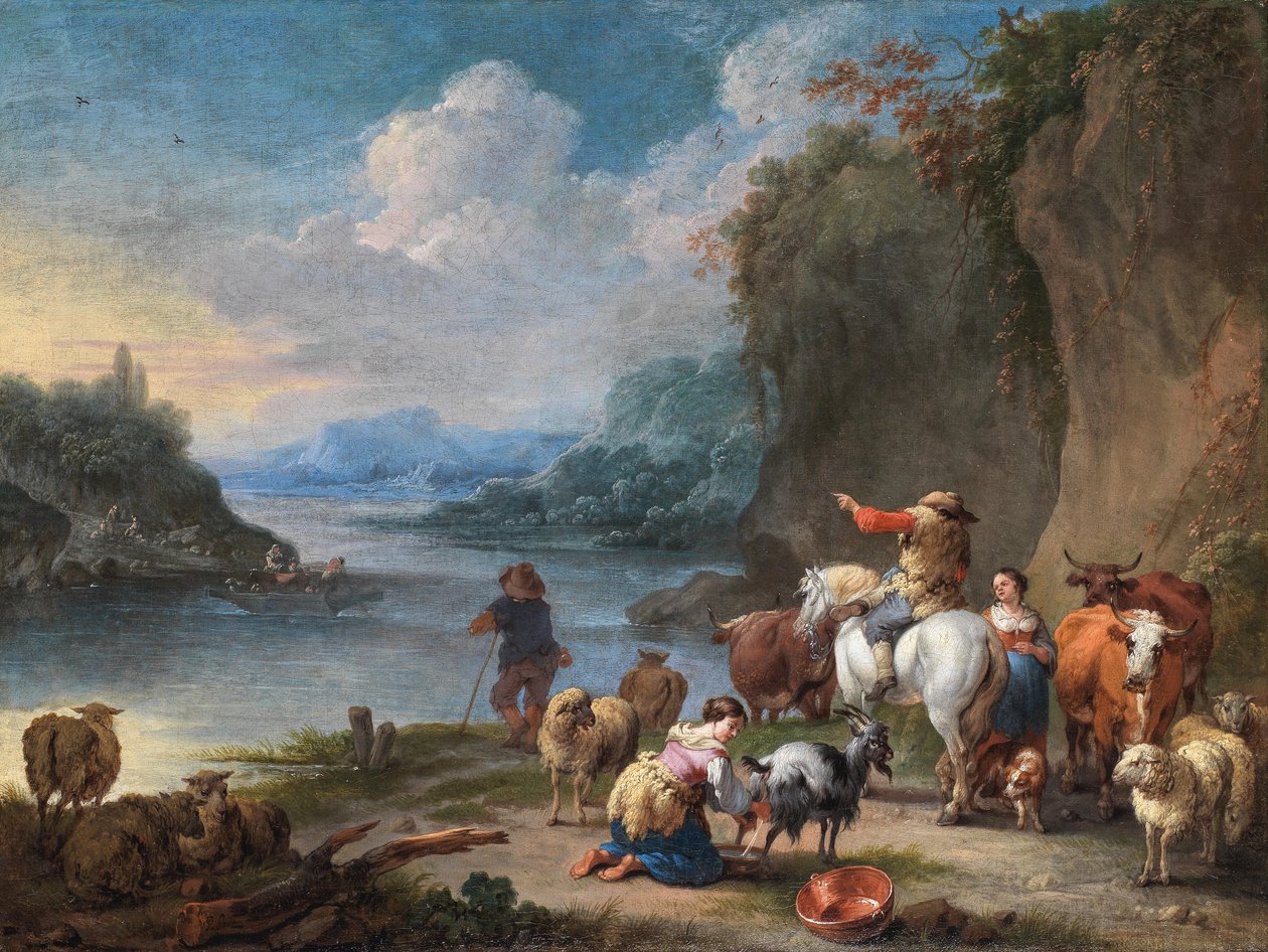 Treiber und ihre Herde ruhen am Fluss von Pieter Bout