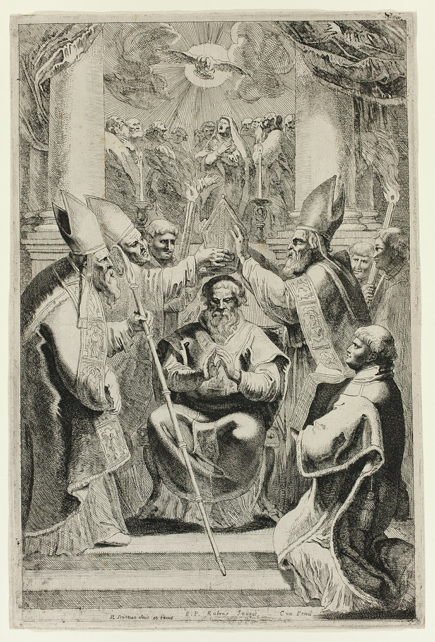 Weihe des Bischofs von Noyon mit Pfingstszene darüber von Pieter Claesz. Soutman