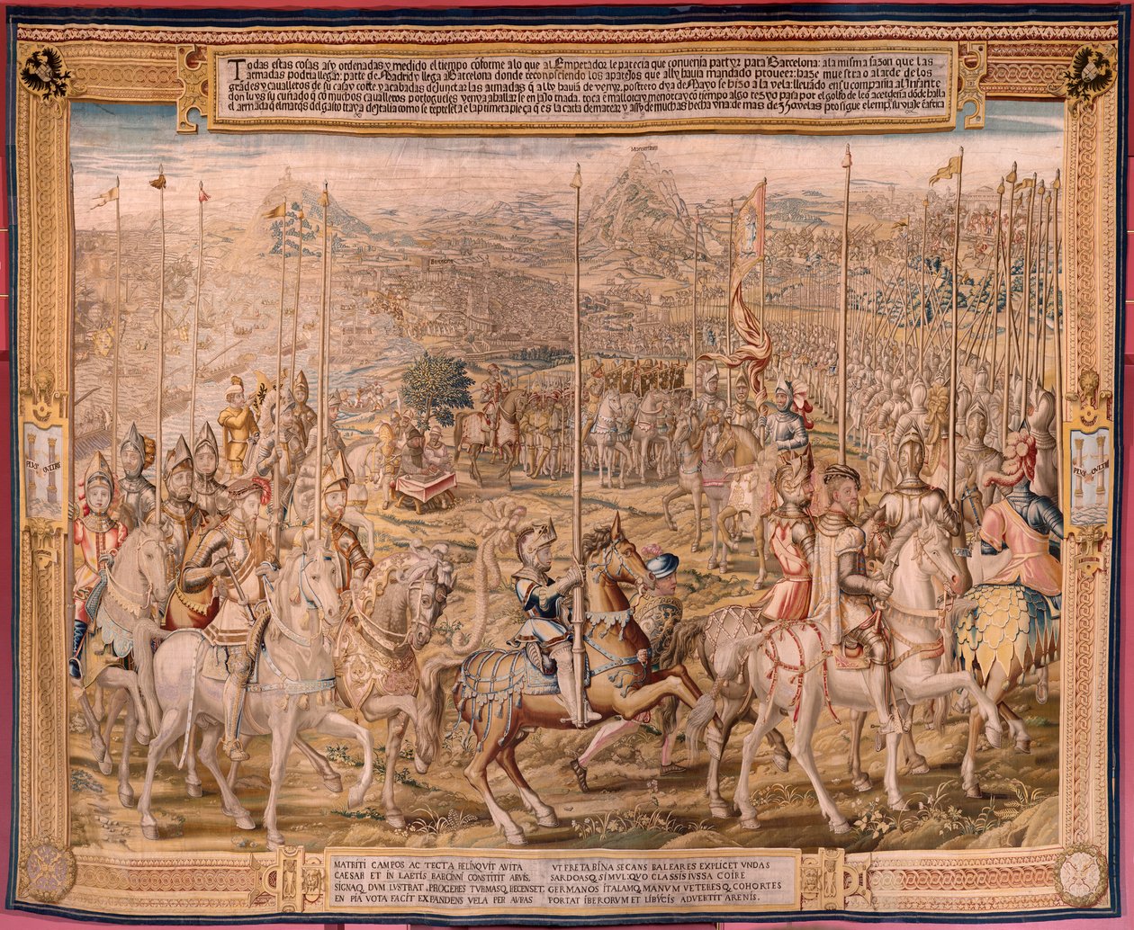 Flämischer Wandteppich. Serie Die Eroberung von Tunis; Truppeninspektion in Barcelona. Zweiter Wandteppich der Serie. Modell Jan Vermeyen und Pieter Coecke van Aelst. 1543-1548. Herstellung Königliche Teppichmanufaktur von Sant von Pieter Coecke van Aelst