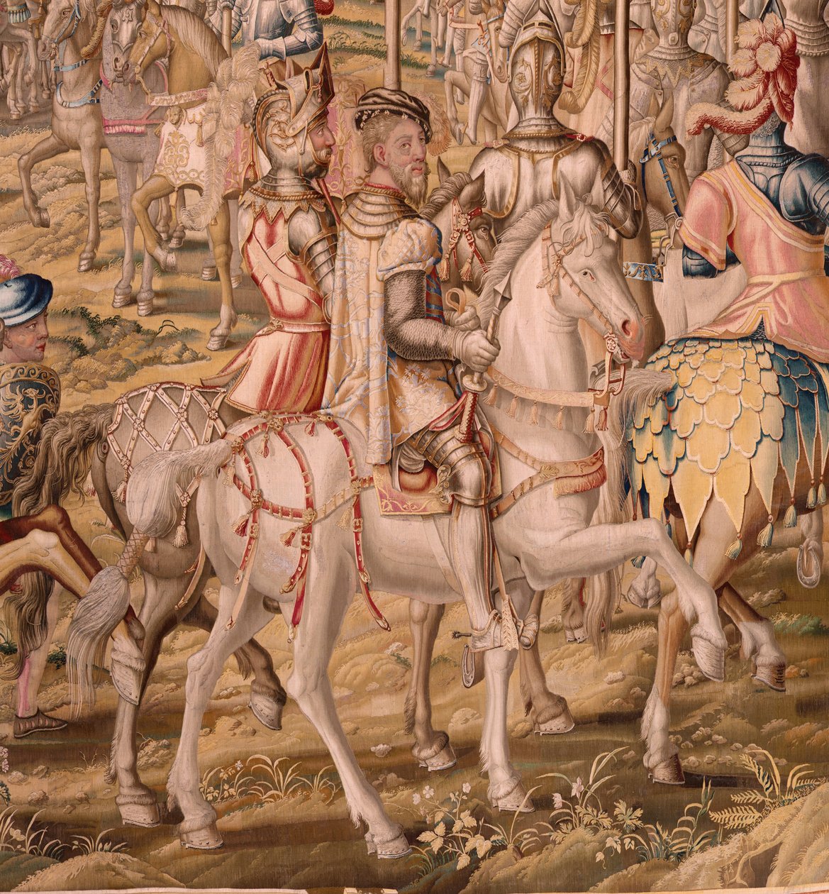 Flämischer Wandteppich. Serie Die Eroberung von Tunis; Truppenbesichtigung in Barcelona. Zweiter Wandteppich in der Serie. Modell Jan Vermeyen und Pieter Coecke van Aelst. 1543-1548. Herstellung Real Fábrica de Tapices de Sant von Pieter Coecke van Aelst