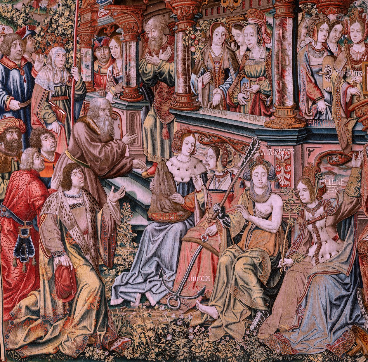 Flämischer Wandteppich. Serie Die Ehren. Tugend. Achter Wandteppich der Serie. Modell Zeichner aus dem Kreis von Bernard van Orley und Jan Gossaert. Herstellung Pieter van Aelst, Brüssel. Ca. 1550 von Pieter Coecke van Aelst